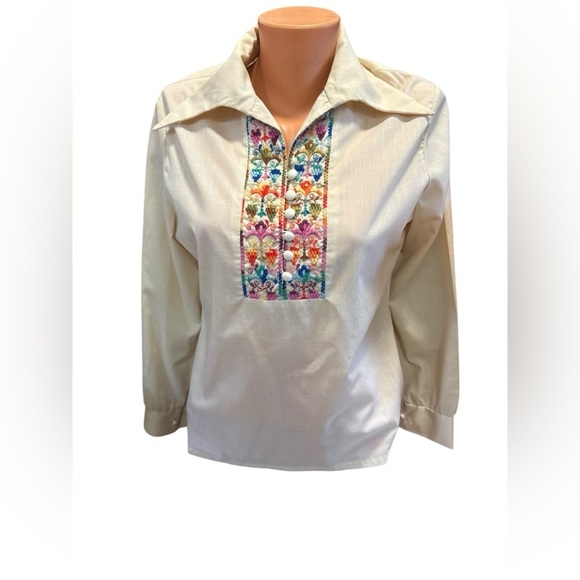 NPC Fashions Embroidered 1970s Vintage Folk Blouse Size M 70's Cotton 70's Hippy - Picture 1 of 10